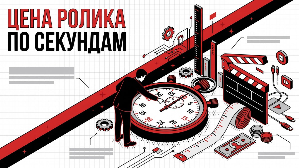 Линейка с отметками через пять секунд и рядом ценники - обложка разбора о том, как считается цена ролика по хронометражу