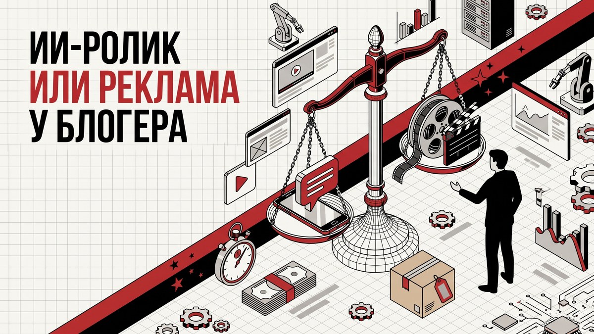 Весы: на одной чаше смартфон с постом блогера, на другой катушка плёнки с ИИ-роликом - сравнение рекламных бюджетов
