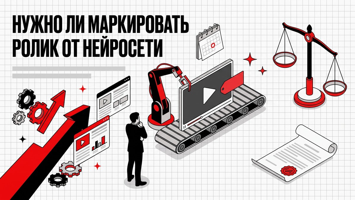 Ролик на конвейере получает красную бирку, рядом весы закона и документ с печатью - обложка разбора о пометке роликов от нейросети