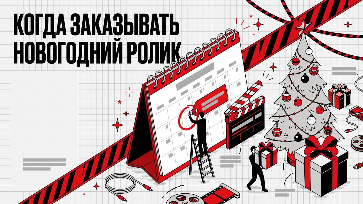 Календарь декабря с обратным отсчётом и кадр новогоднего ролика на монтажном столе - обложка статьи о сроках заказа
