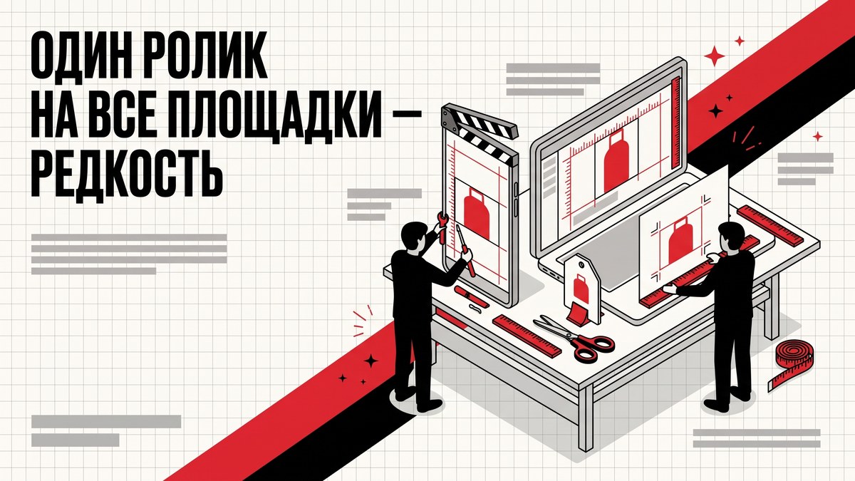 Один ролик расходится на три экрана: горизонтальный для сайта, вертикальный клип и карточка товара