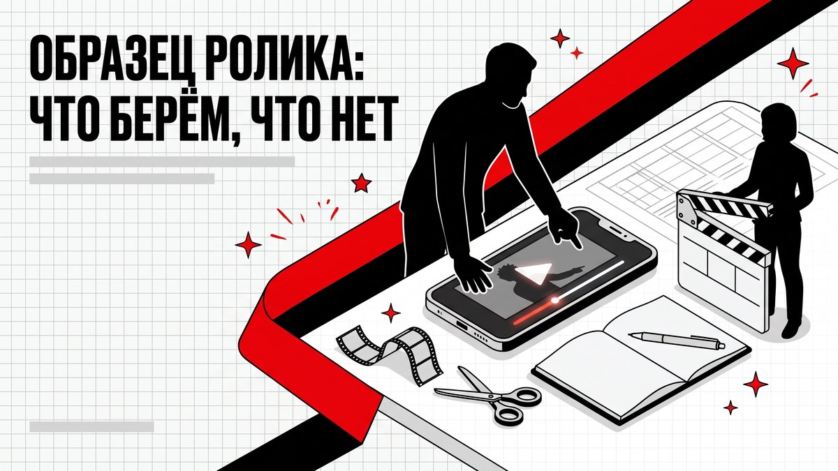 Ролик-образец на экране рядом с пустой монтажной лентой: из примера берут манеру, а не кадры