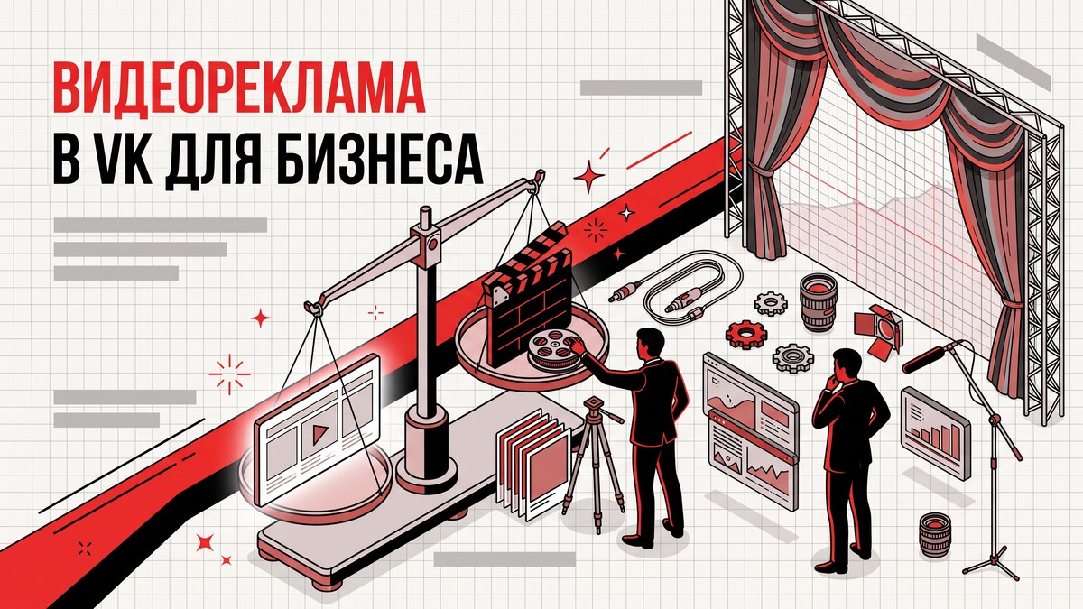 Шаблон из рекламного кабинета и ролик с героем на двух чашах весов - обложка разбора про видеорекламу в VK